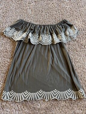 Off-Shoulder Olive Shirt with White Embroidered Trim